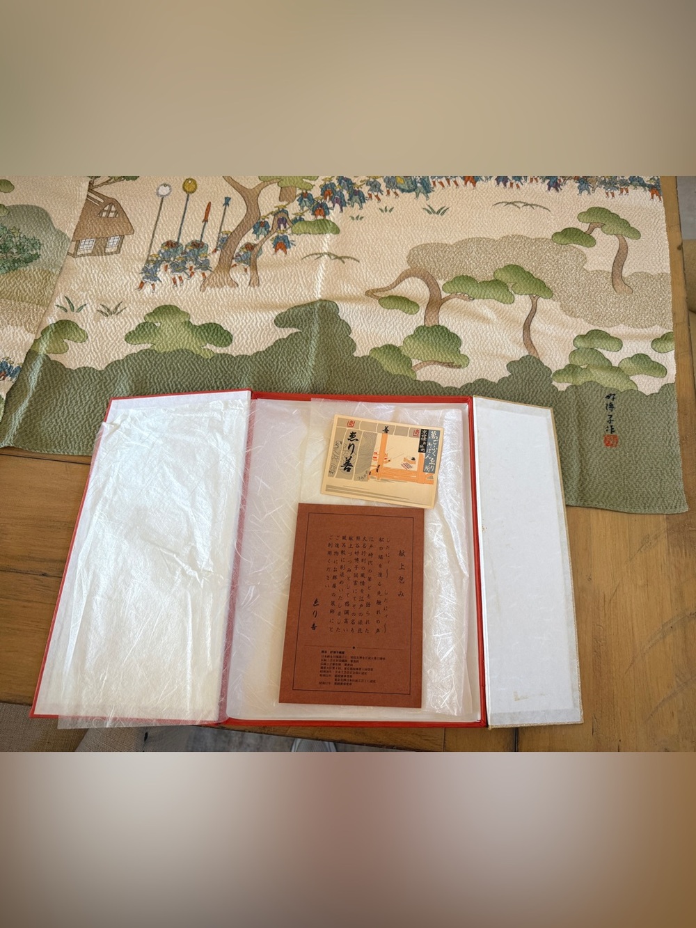 Vintage Japanese Chirimen Crepe Furoshiki Textile Set of 2 Boxed